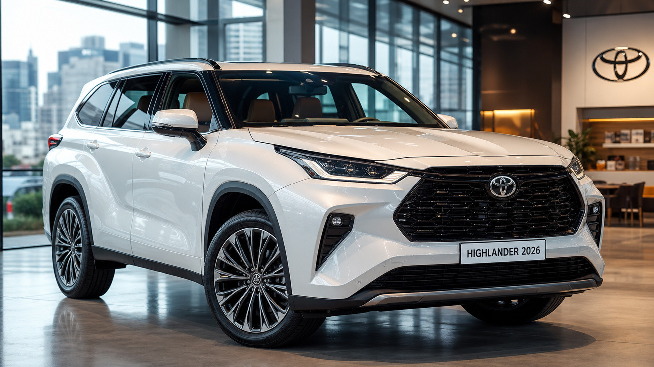 SUV Toyota Highlander 2026 branco exibido em showroom moderno com iluminação natural e urbana.