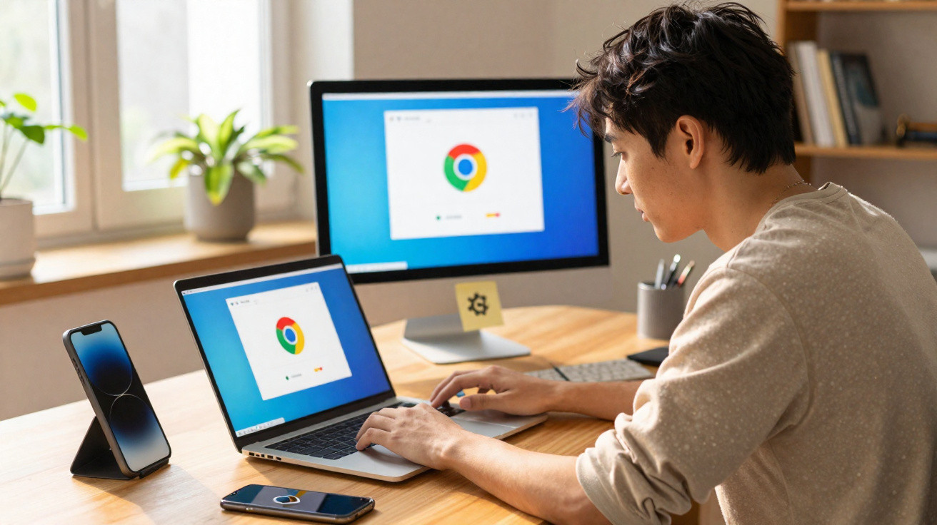 Jovem usando laptop com Chrome aberto, sentado em mesa com monitor, dois celulares e plantas ao fundo.