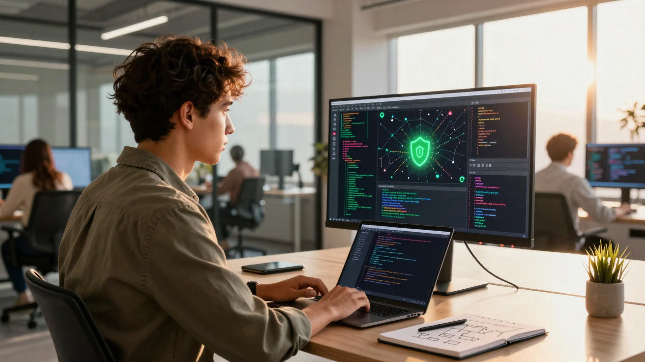 Jovem programador trabalhando com códigos e segurança cibernética em escritório moderno.