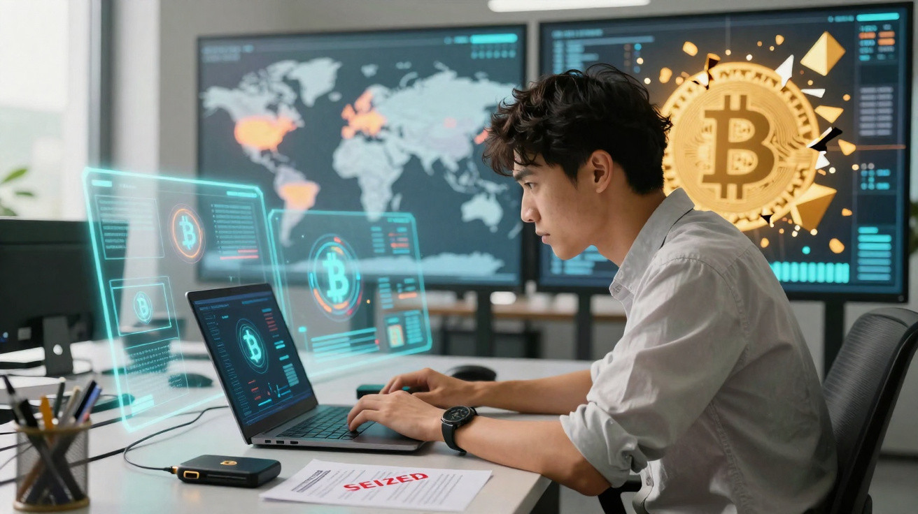 Jovem analista trabalhando com gráficos e dados de bitcoin em laptop e telas digitais.