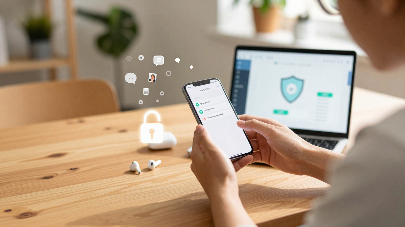 Pessoa segurando celular com tela de segurança, fones de ouvido e laptop com escudo de privacidade na mesa.