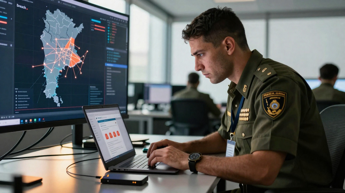 Policial federal analisando dados de segurança em computadores com mapas e gráficos em escritório moderno.