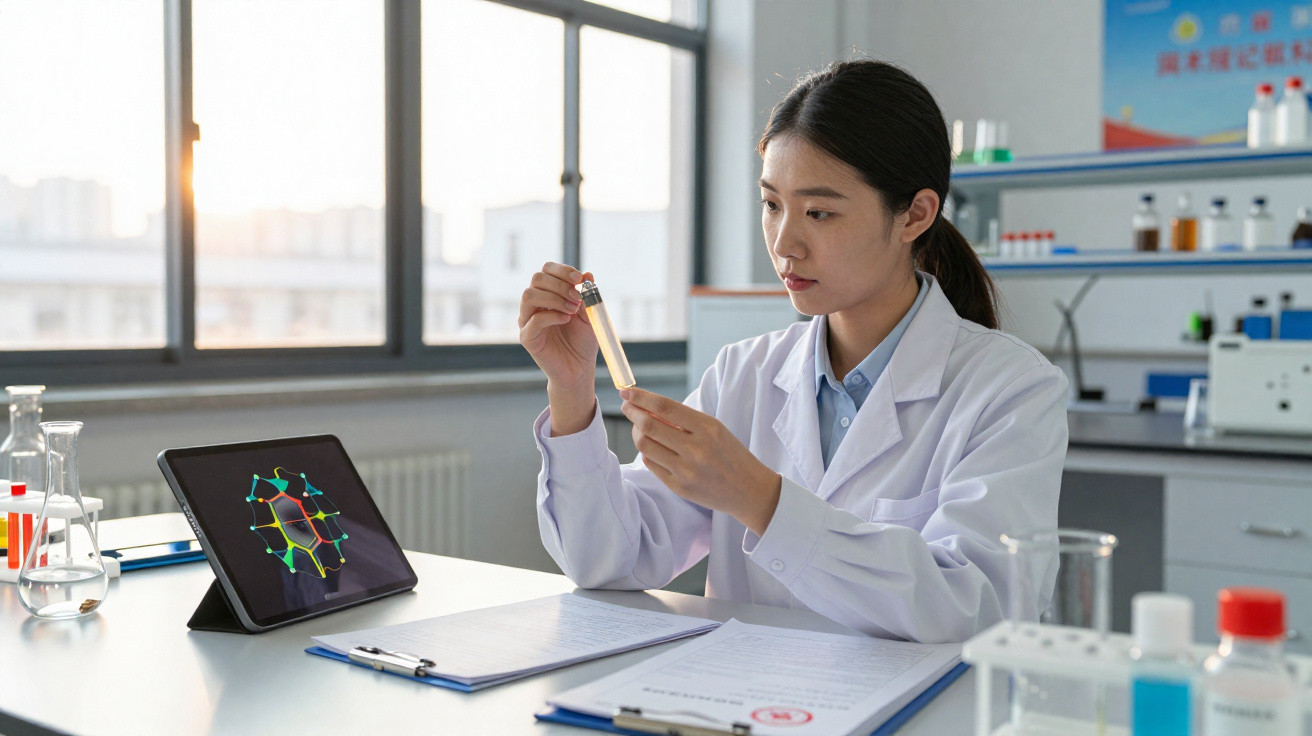 Mulher cientista em laboratório analisando tubo de ensaio com modelo molecular em tablet ao lado.