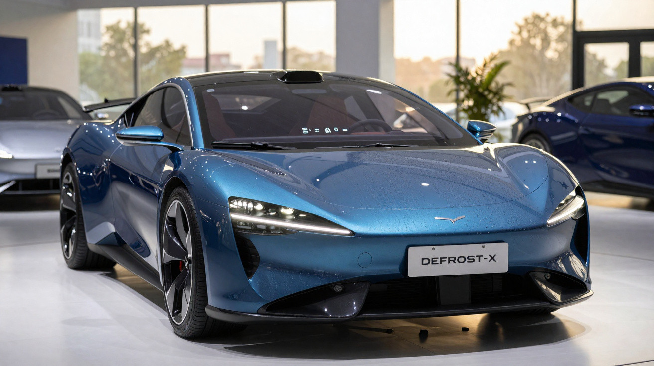 Carro esportivo elétrico azul metálico modelo Defrost-X em exposição interna com iluminação natural.