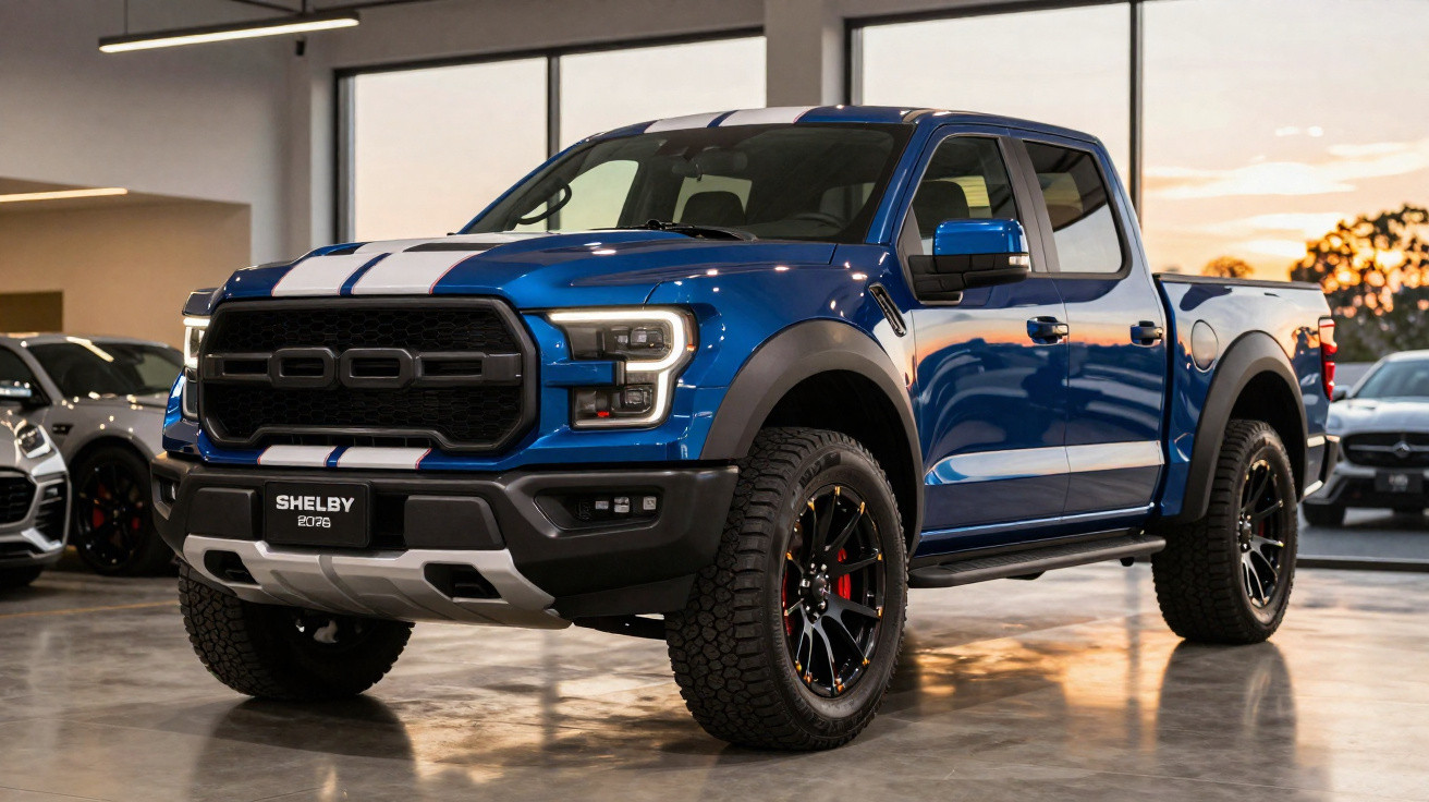 Picape azul Shelby GT750 com faixas brancas em showroom iluminado ao entardecer.