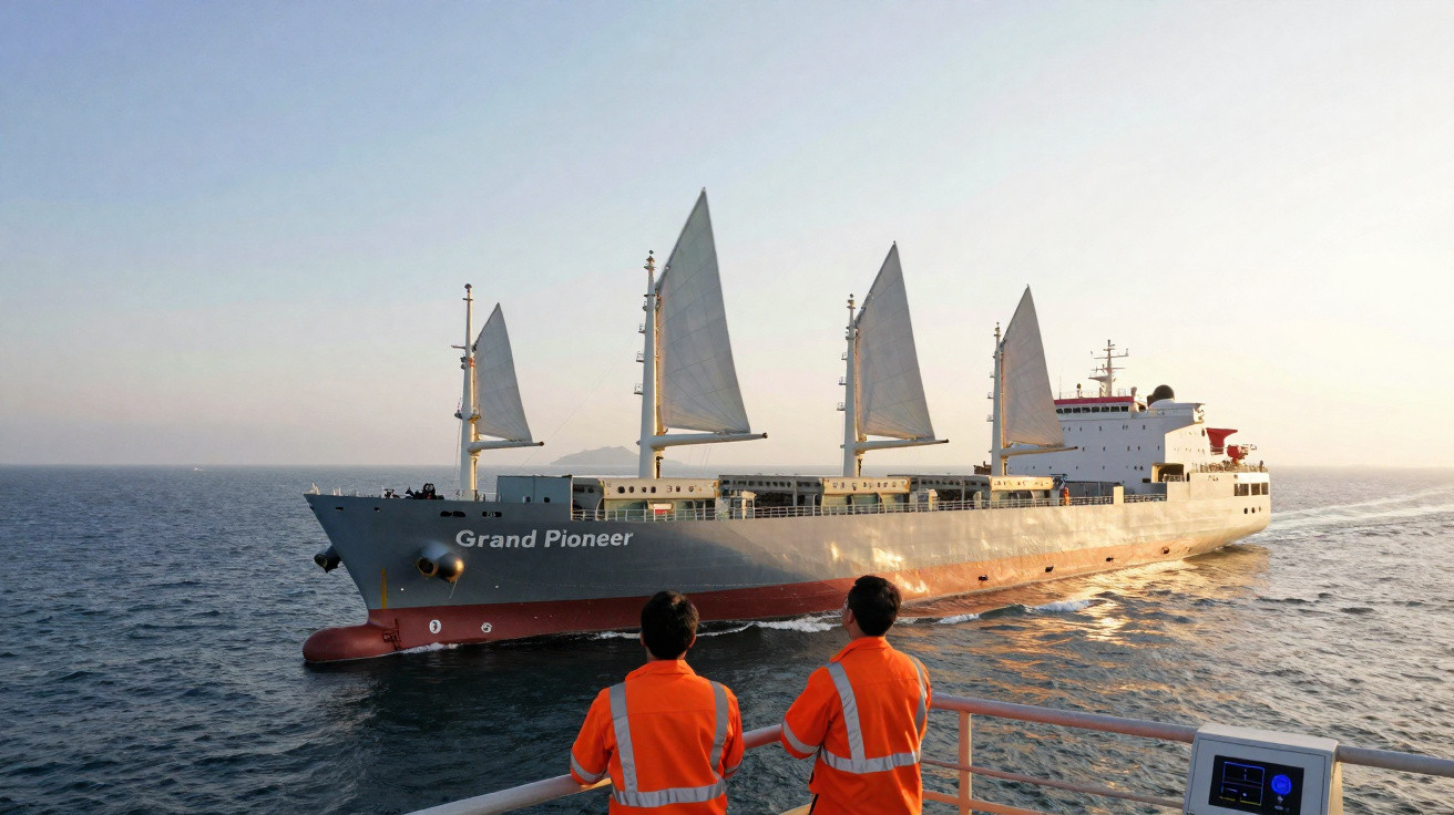 Navio cargueiro Grand Pioneer com velas navegando no mar ao pôr do sol, com duas pessoas observando da embarcação.