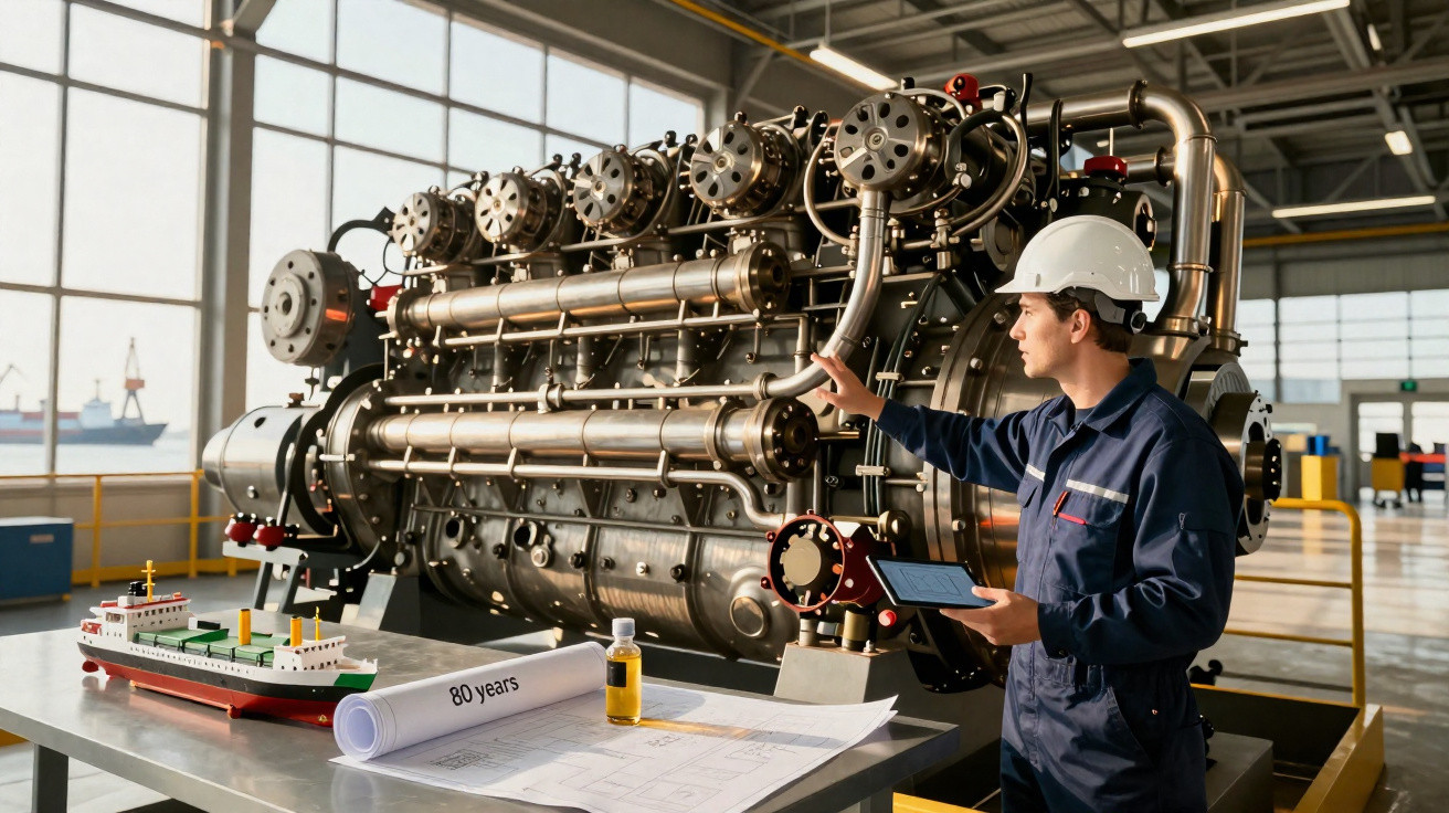 Engenheiro naval em capacete branco inspeciona motor grande com maquete de navio e plantas em mesa.