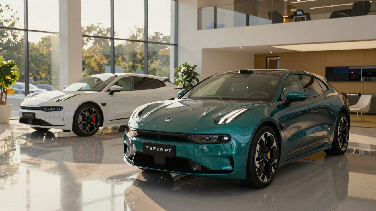 Dois carros elétricos esportivos Zeekr PT em exposição dentro de showroom moderno e iluminado.