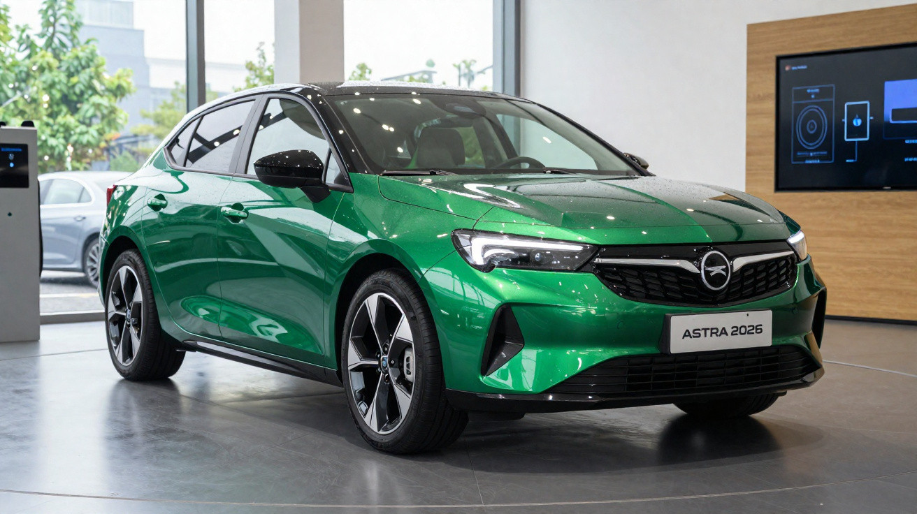 Carro sedan verde Astra 2026 exibido em showroom moderno com detalhes pretos e rodas esportivas.