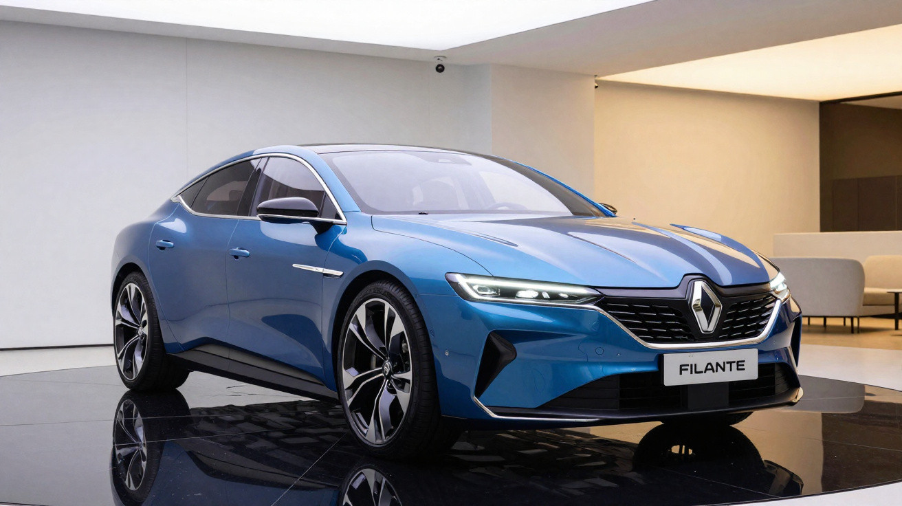 Carro elétrico Renault Filante azul em exposição sob luz branca em ambiente moderno e minimalista.