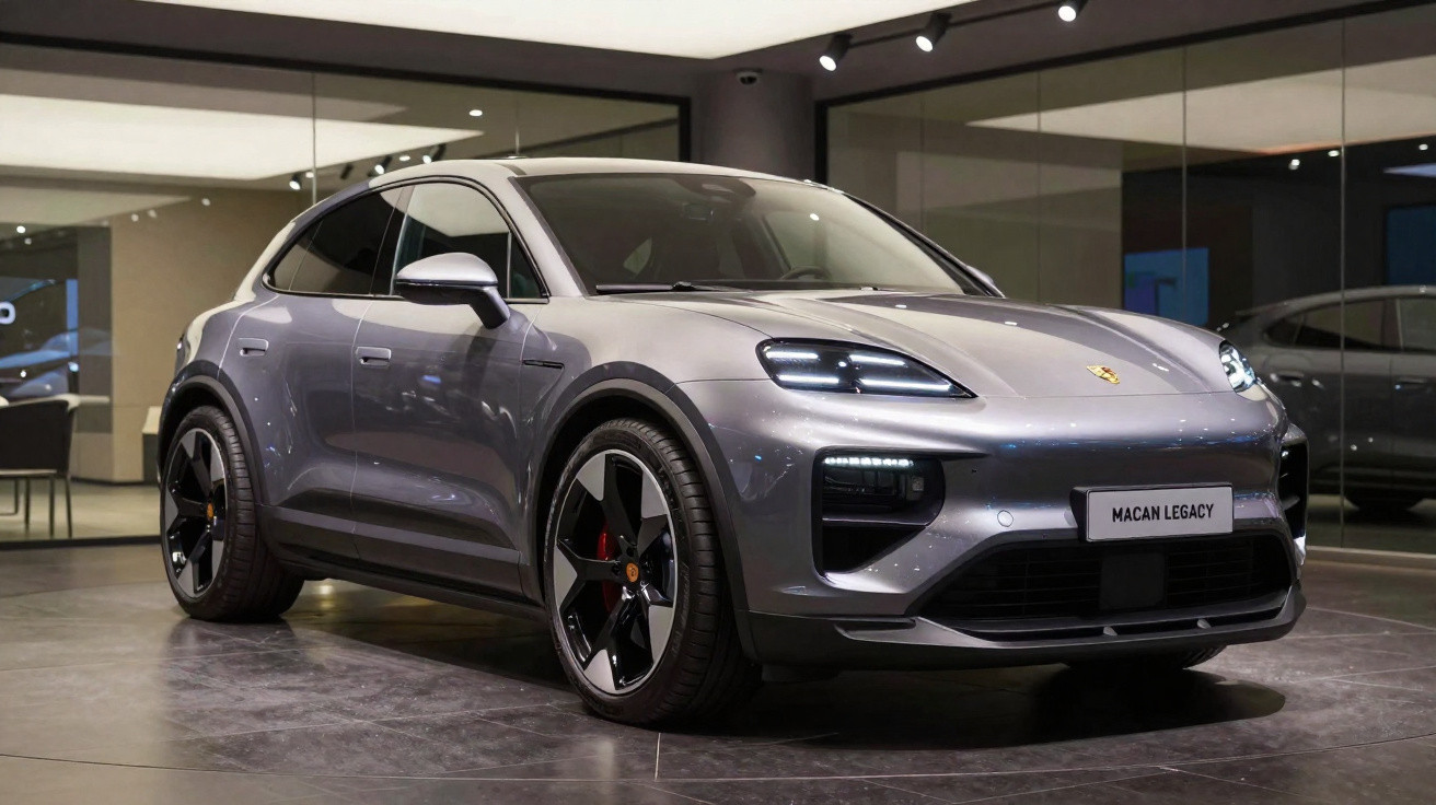 SUV esportivo Porsche Macan Legacy prata exibido em showroom moderno com piso de cerâmica.
