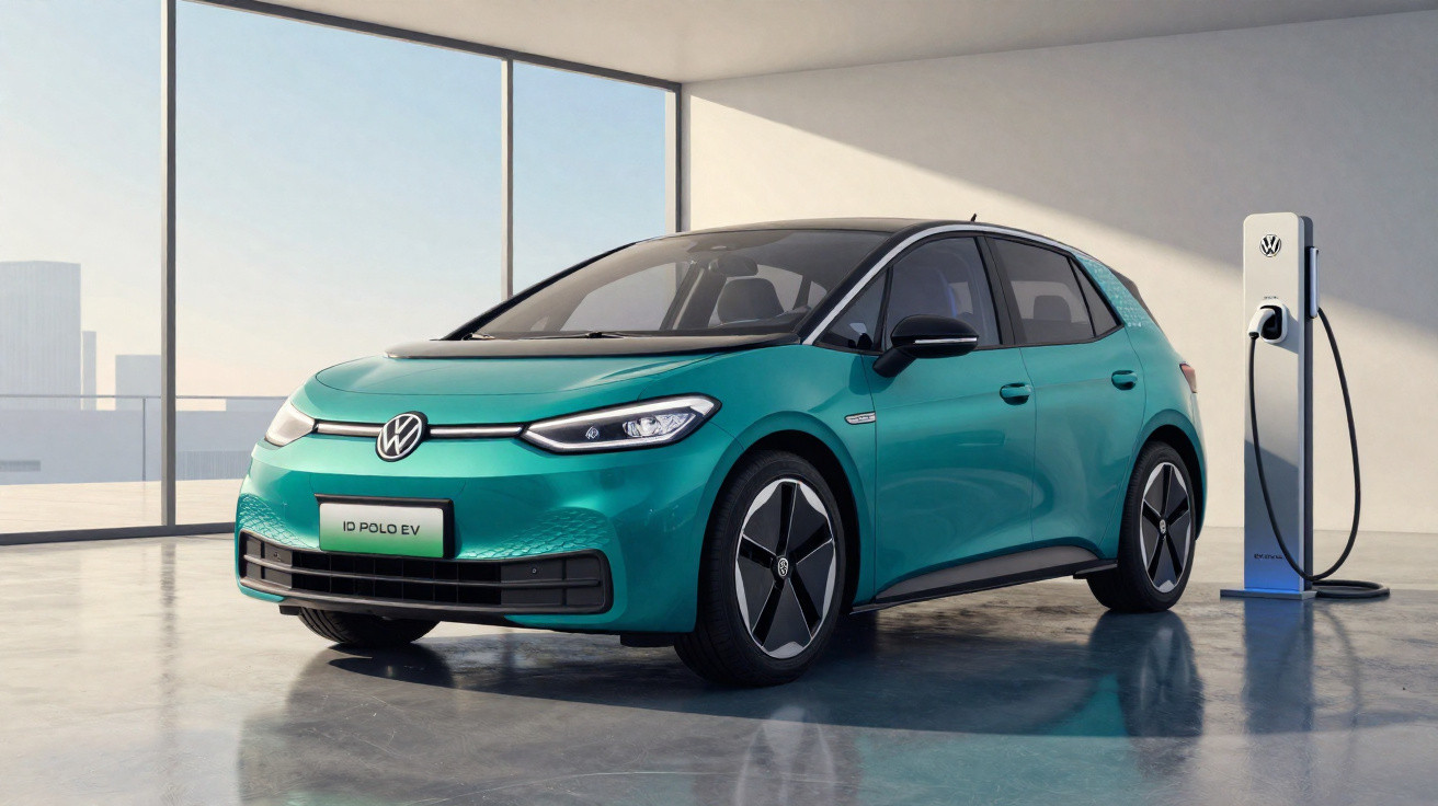 Carro elétrico Volkswagen ID Polo EV azul em carregador dentro de garagem moderna iluminada.