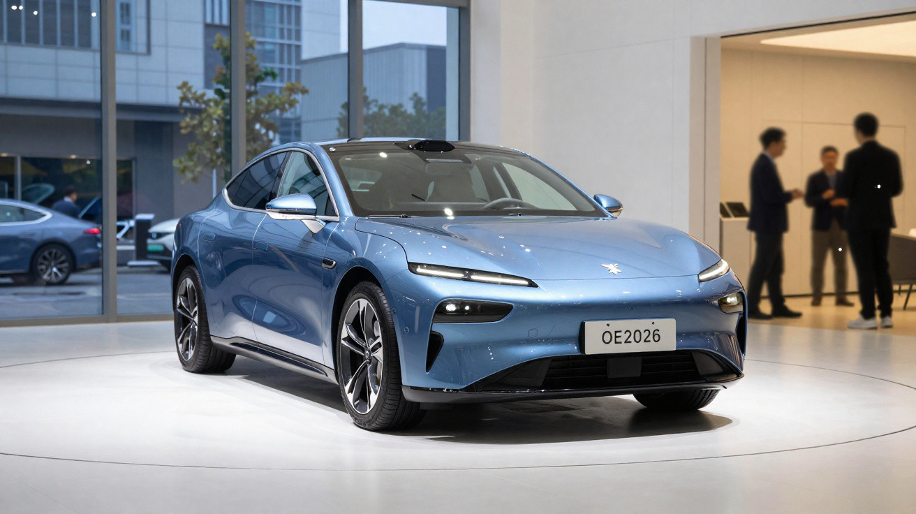 Carro elétrico azul exibido em ambiente fechado com pessoas ao fundo e fachada com grandes janelas.