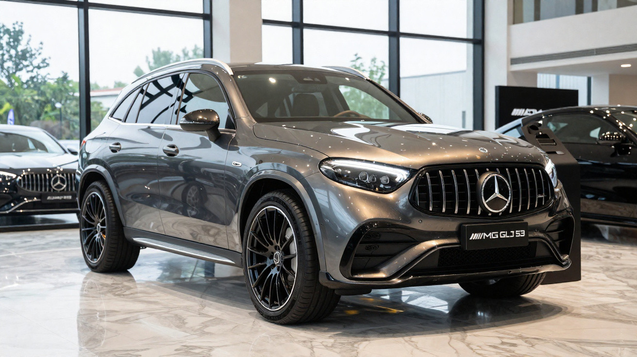 Carro SUV Mercedes-Benz AMG GLA 53 cinza exposto em showroom moderno com piso de mármore.