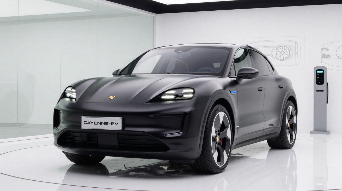 Carro elétrico preto Porsche Cayenne EV em ambiente branco com estação de recarga ao fundo.