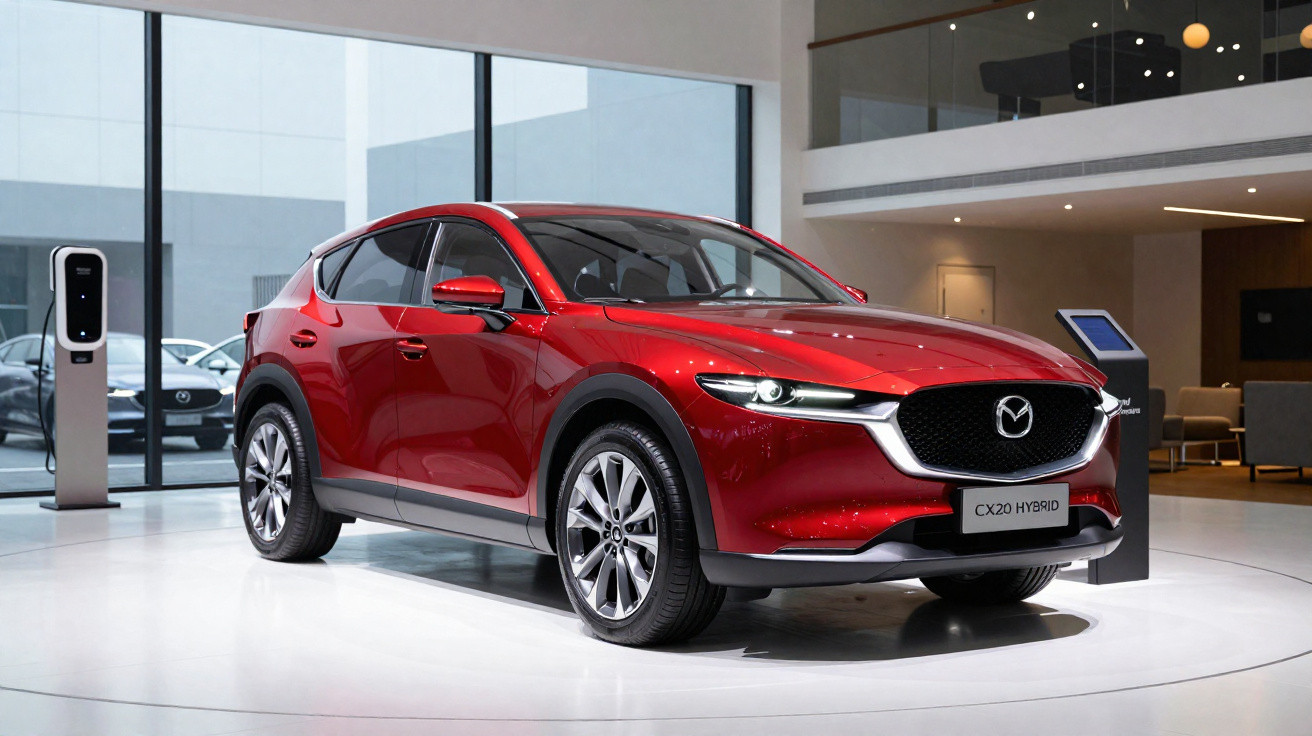 Carro Mazda CX-20 Hybrid vermelho exposto em showroom moderno com paredes de vidro e iluminação interna.
