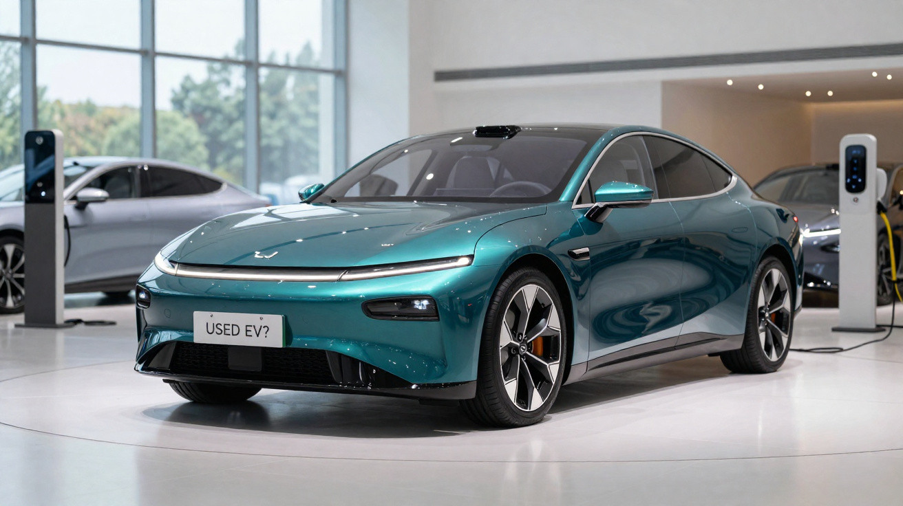 Carro elétrico azul metálico em espaço de exposição moderna com tomadas para recarga elétrica ao fundo.