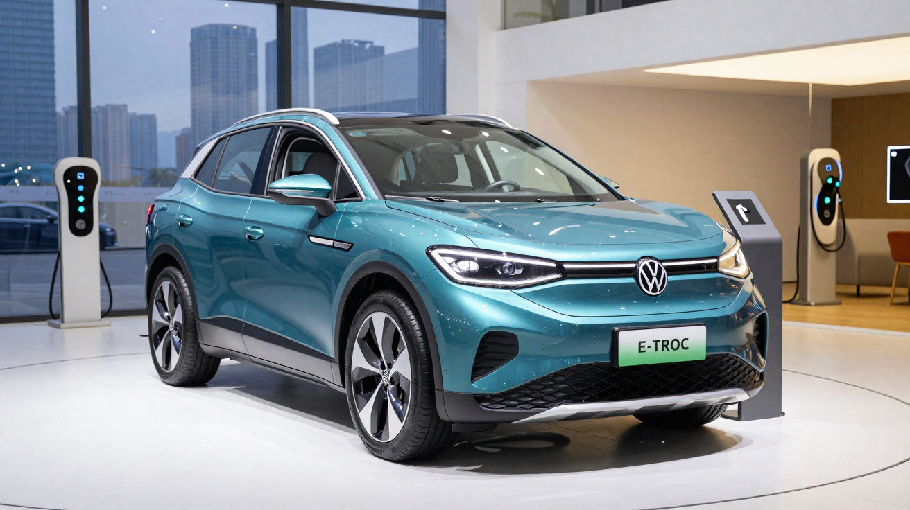 Carro elétrico Volkswagen E-TROC azul exibido em showroom moderno com postes de carregamento ao fundo.