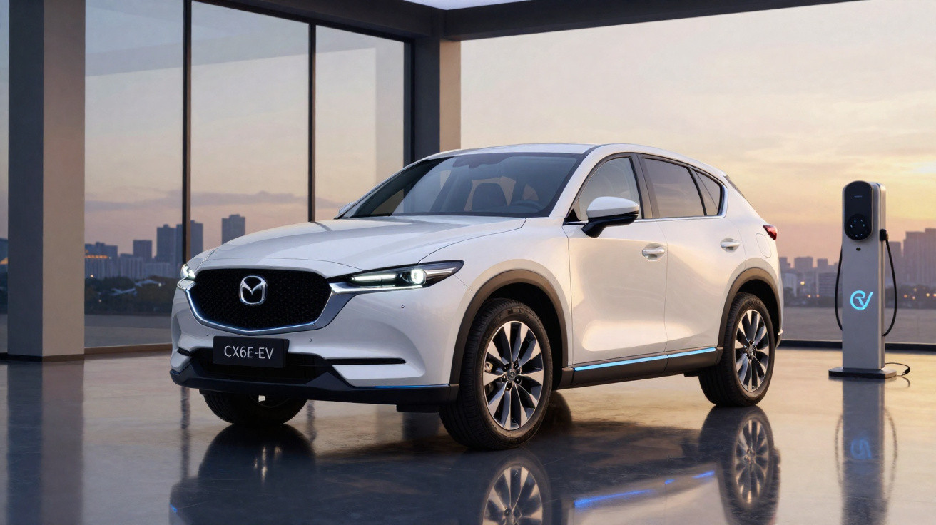 Carro elétrico branco Mazda CX-6E-EV carregando em estação ao pôr do sol em ambiente moderno.