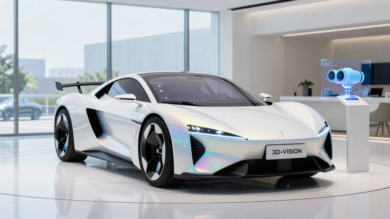 Carro esportivo branco futurista em exposição moderna com display holográfico ao lado, ambiente iluminado.