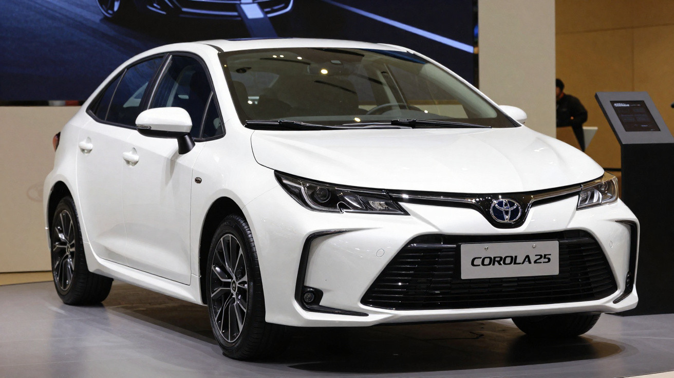 Carro branco Toyota Corolla 2025 em exibição, visto em ângulo frontal direito em ambiente interno.