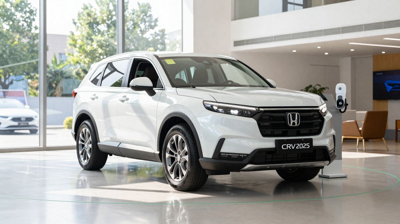 Carro SUV Honda CRV 2025 branco exposto em showroom moderno com vidros e decoração minimalista.