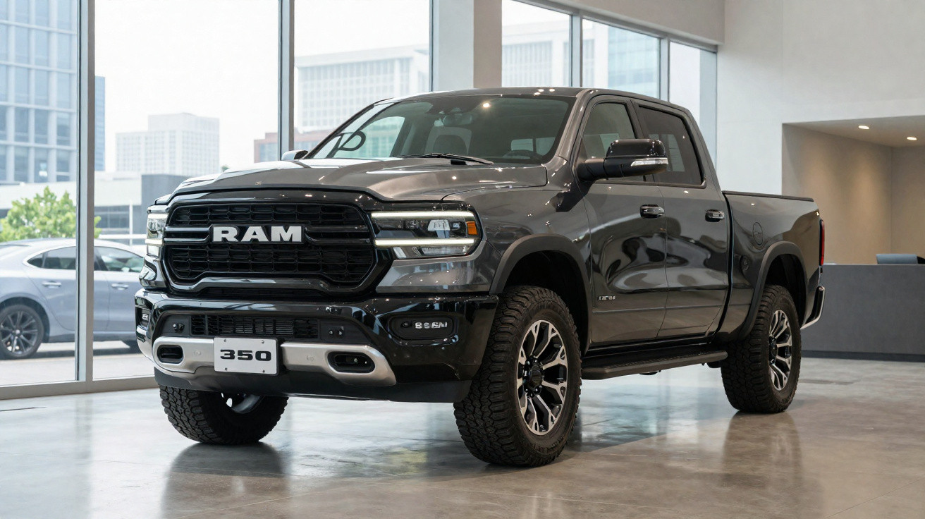Picape preta RAM 3500 Diesel 2024 exposta em showroom moderno com piso cinza e janelas amplas.