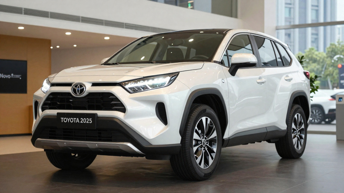 SUV branco Toyota 2025 exibido em showroom moderno e iluminado.