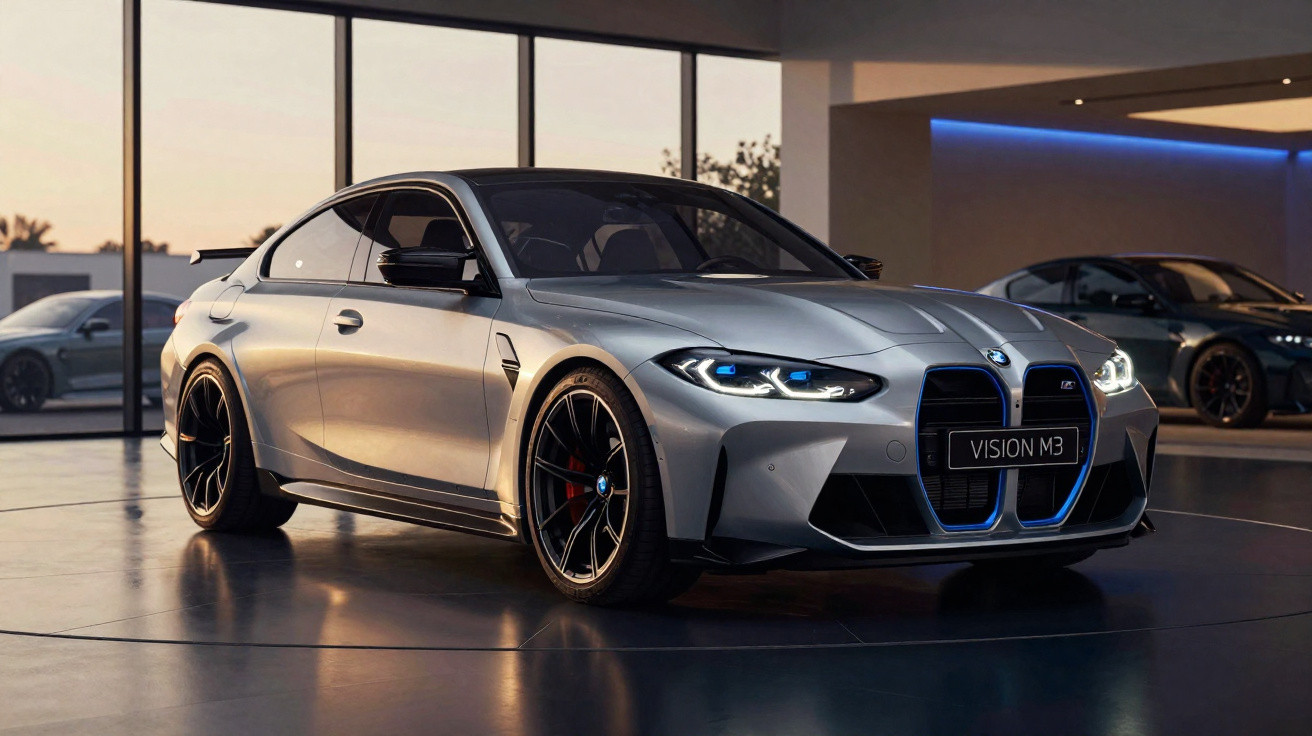 Carro esportivo BMW prata com faróis acesos em showroom moderno com piso brilhante e janelas amplas.