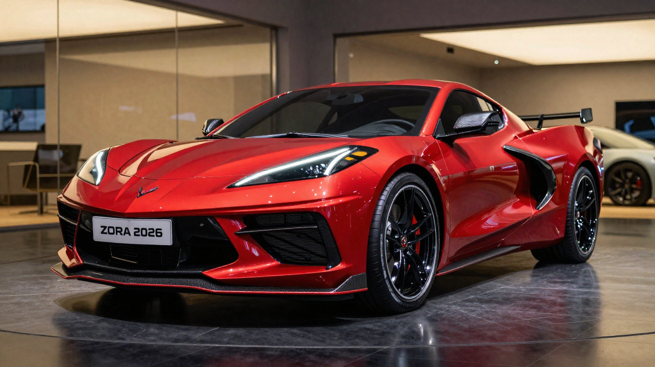 Carro esportivo vermelho Zora 2026 em ambiente interno, com design aerodinâmico e rodas pretas.