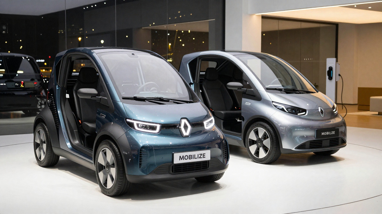 Dois carros elétricos compactos da Renault modelo Mobilize em exposição com portas abertas.