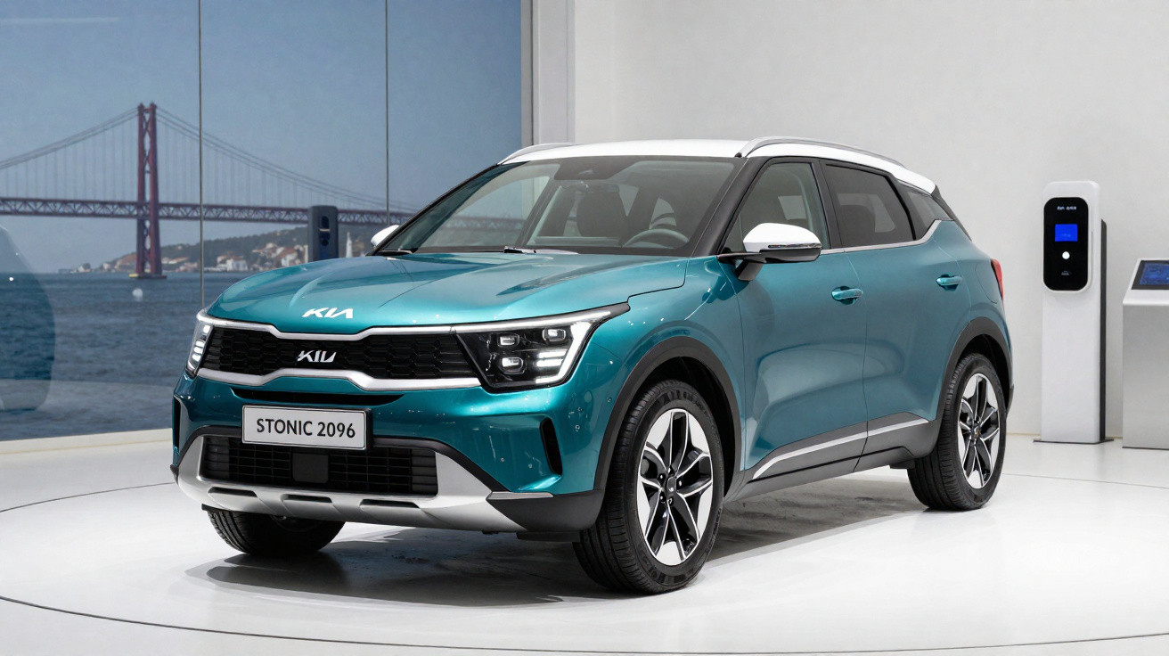 Carro elétrico Kia Stonic 2096 azul com teto branco, exibido em salão com fundo de janela e ponte.