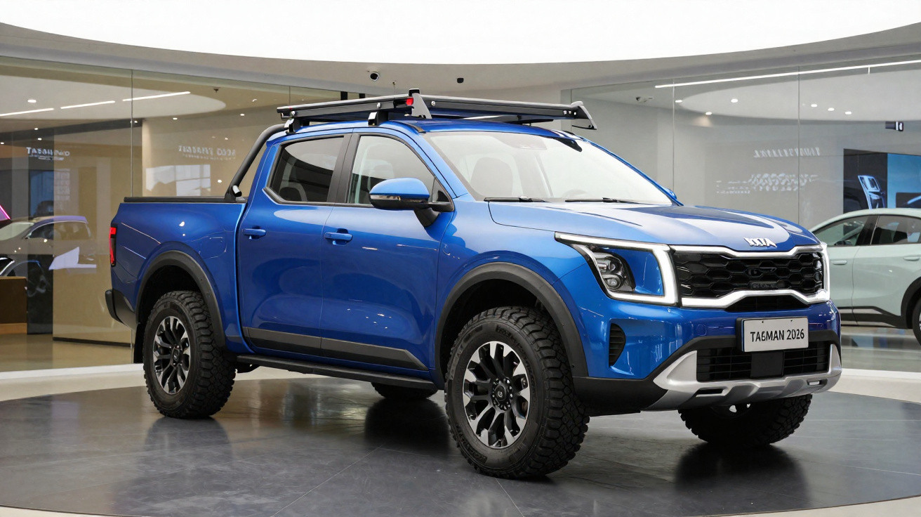 Picape azul Kia TaGMan 2026 em exposição interna com pneus robustos e suporte de teto.