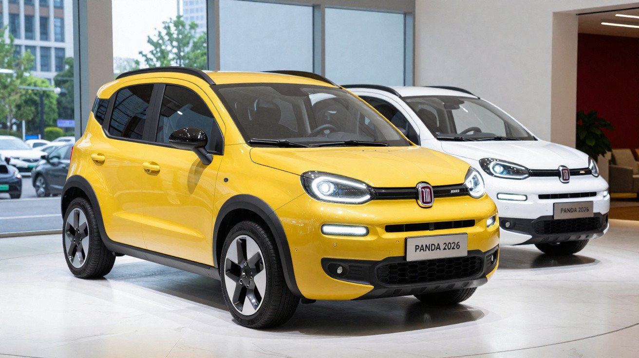 Dois carros Fiat Panda 2026, um amarelo em destaque e um branco ao fundo, exibidos em showroom moderno.