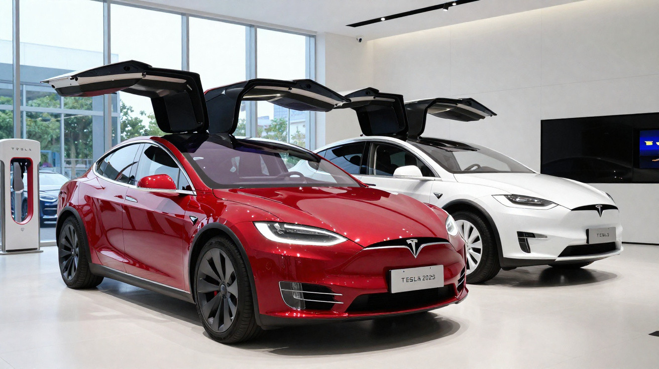 Dois carros Tesla em exposição, modelo vermelho e branco, com portas traseiras abertas em ambiente interno moderno.