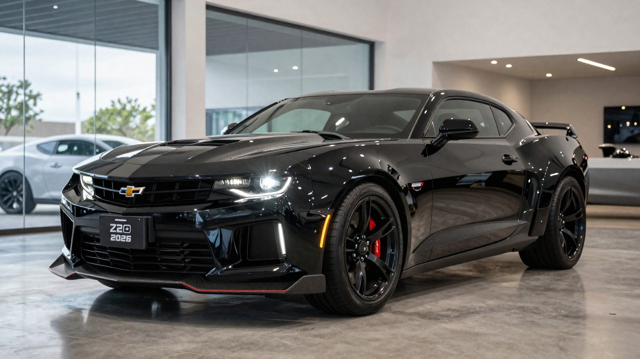 Carro esportivo preto Chevrolet Camaro Z28 2026 em exposição em showroom moderno.