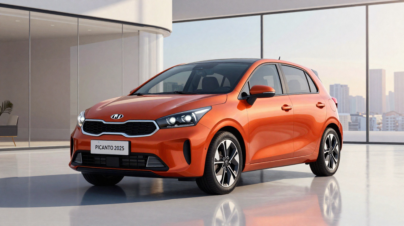 Carro Kia Picanto 2025 hatchback laranja estacionado em ambiente moderno iluminado pela luz do dia.