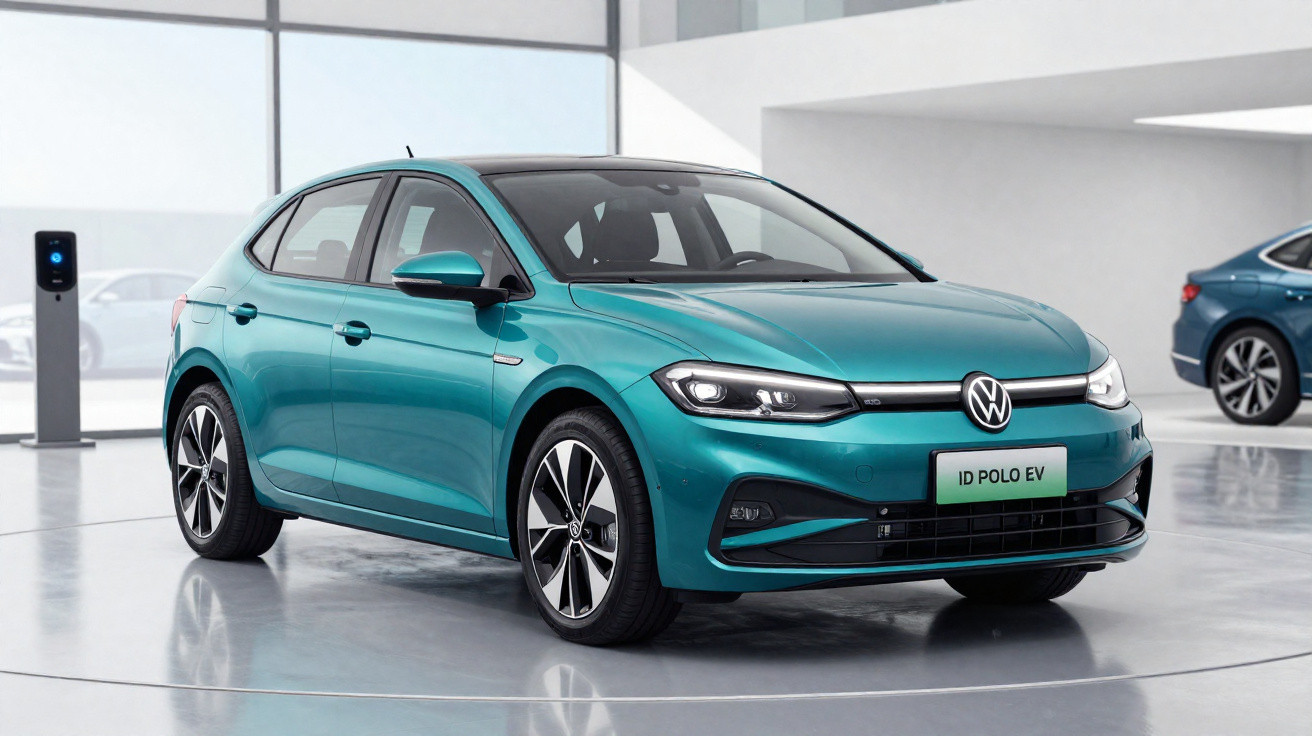 Carro elétrico Volkswagen ID Polo EV azul exibido em showroom moderno e iluminado.