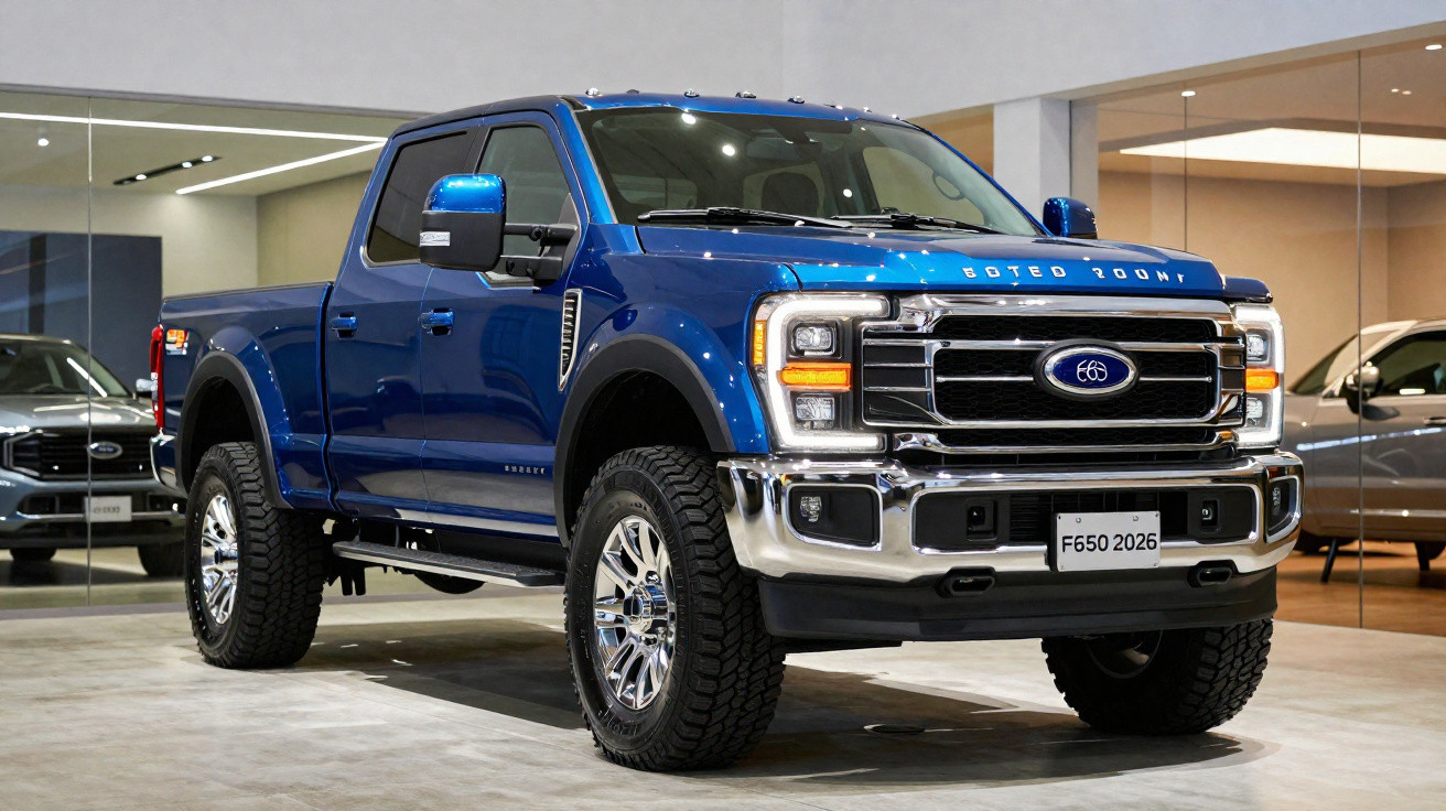 Picape azul Ford F-650 2026 exibida em showroom com piso bege e paredes com espelhos.