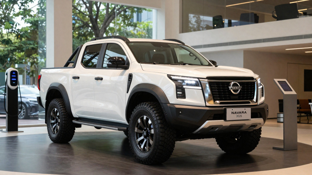 Picape branca Nissan Navara 2023 exposta em showroom moderno com grande janela e pontos de iluminação.