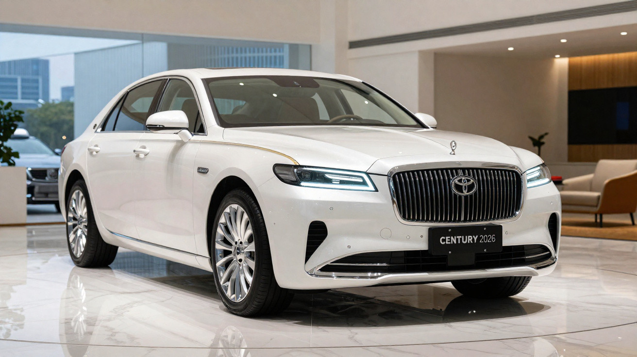 Carro sedan de luxo branco Toyota Century 2026 exibido em showroom moderno e iluminado.