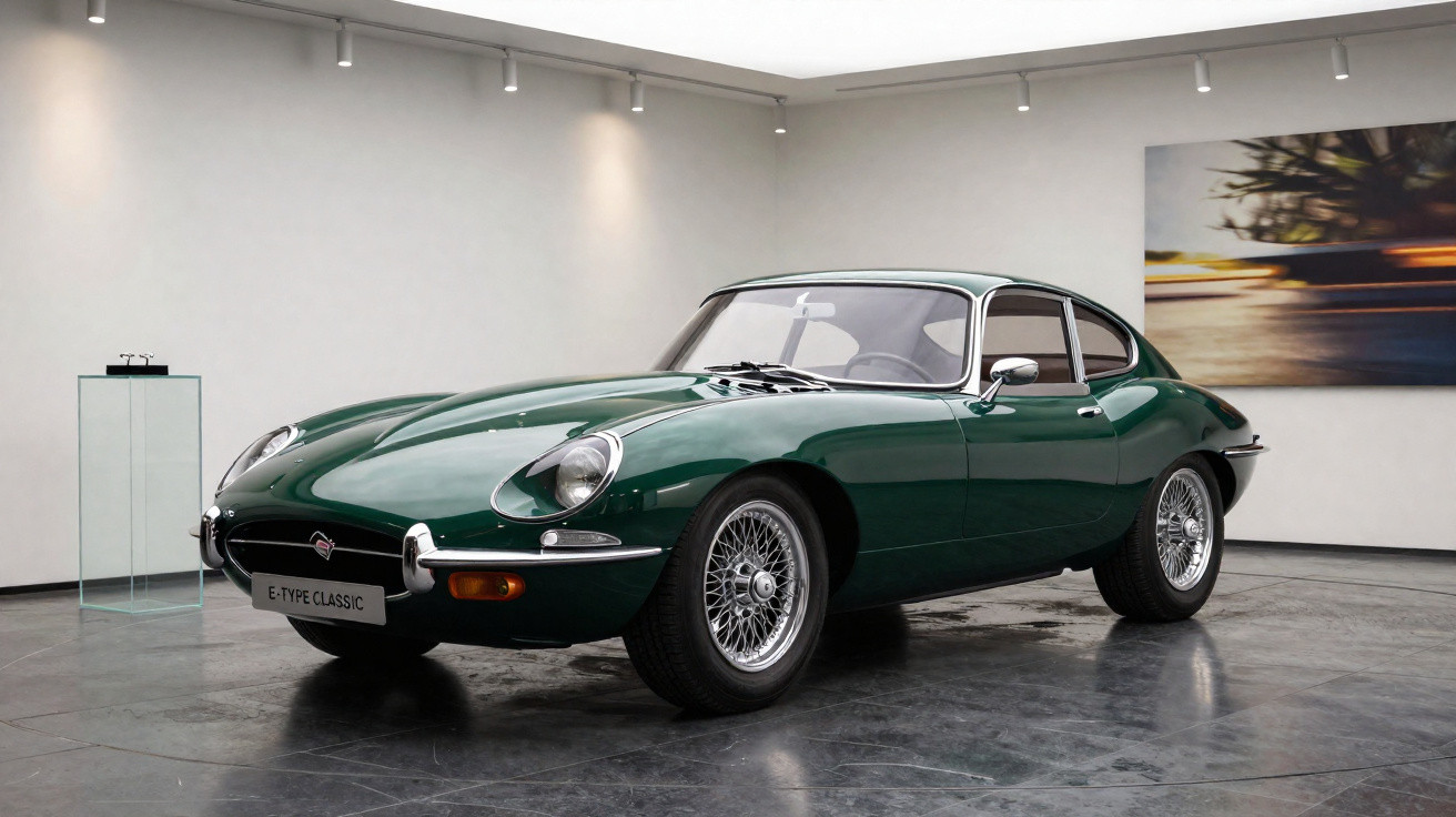 Carro clássico esportivo verde Jaguar E-Type Classic exposto em galeria de arte moderna.