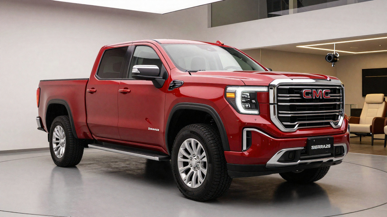 Picape vermelha GMC Sierra 2023 em ambiente interno moderno com piso cinza.
