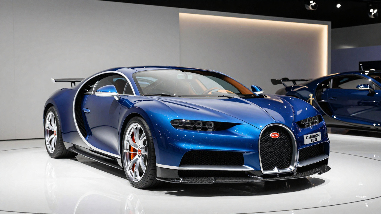 Carro esportivo Bugatti Chiron azul exposto em ambiente interno com iluminação moderna.