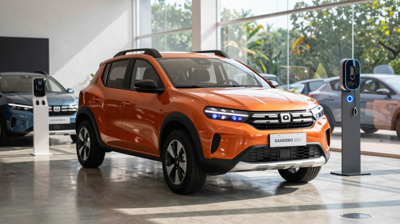 Carro SUV laranja Sandero 2027 em showroom com carregadores elétricos e painéis de vidro ao fundo.
