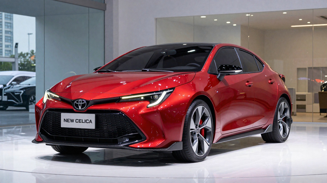 Carro esportivo Toyota New Celica vermelho exibido em salão de automóveis moderno e iluminado.