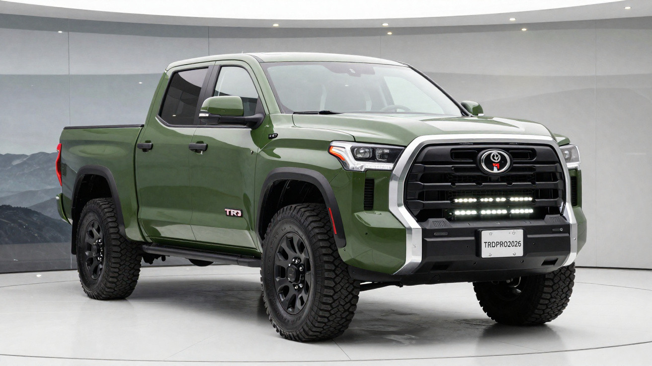 Picape verde TRD com faróis modernos e rodas pretas em ambiente interno branco.