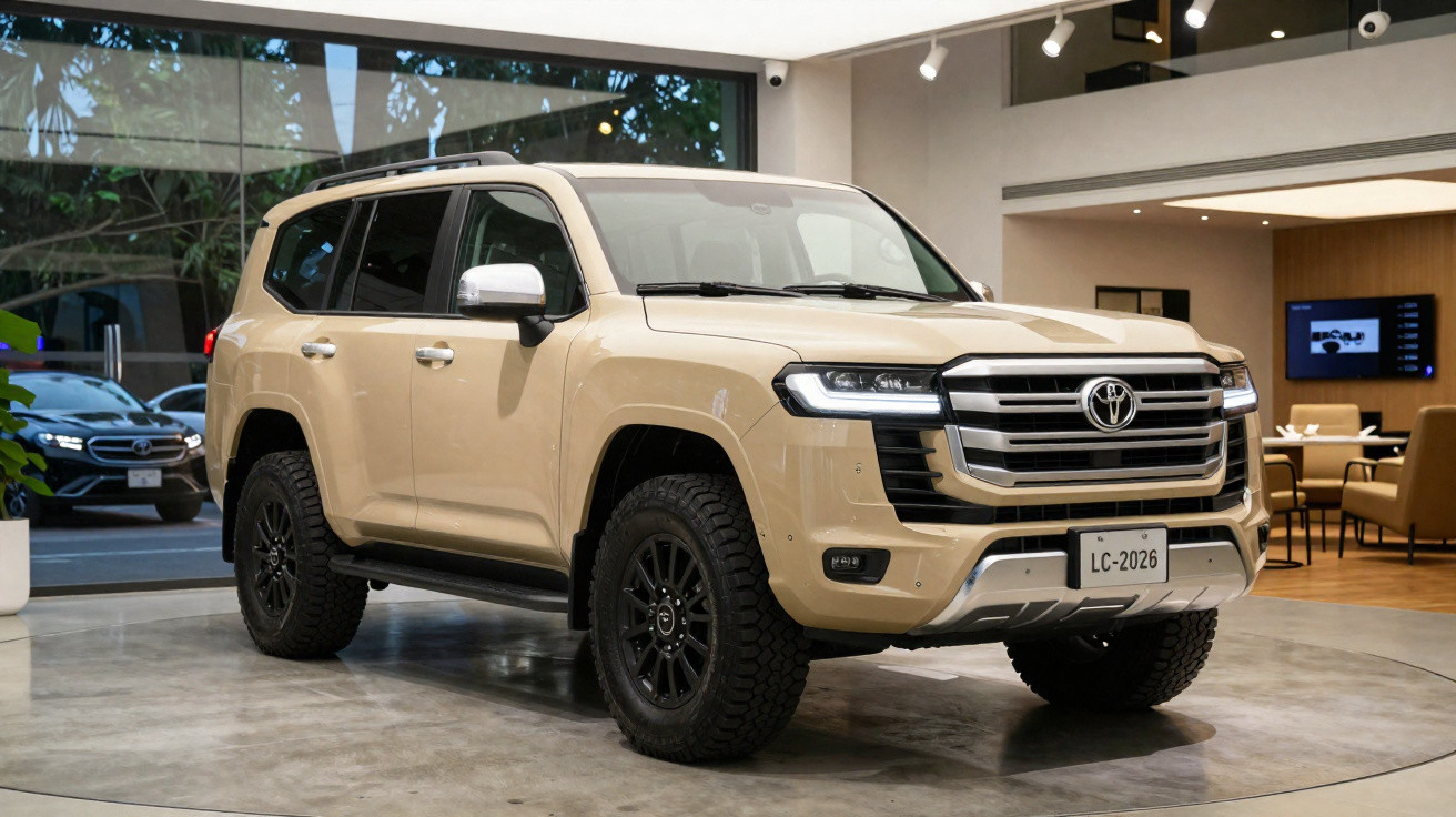 SUV Toyota Land Cruiser 2023 bege estacionado em exposição em ambiente interno moderno.