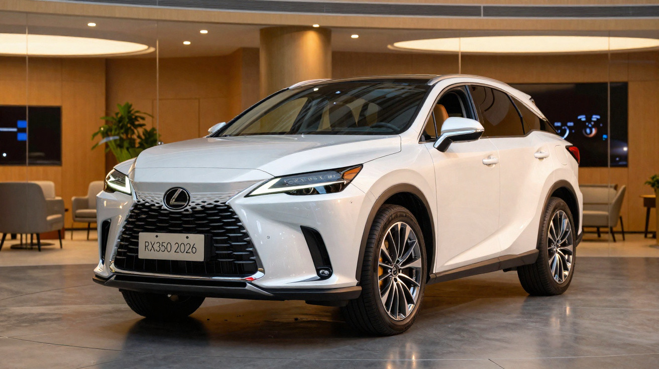 SUV branco Lexus RX350 2026 em exibição dentro de showroom moderno com luzes quentes.