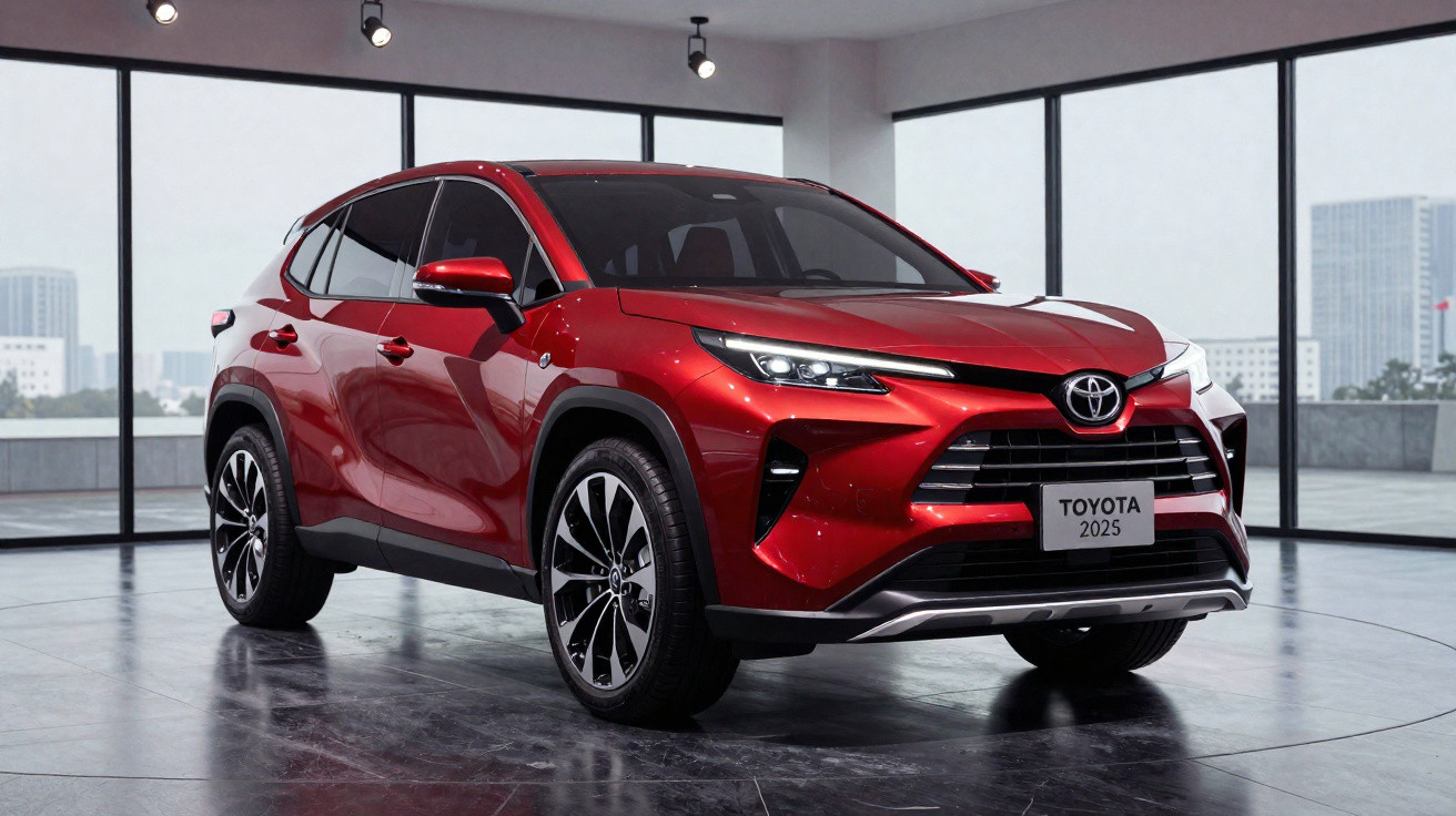 SUV Toyota vermelho 2025 em exposição interna com janelas amplas e piso brilhante.